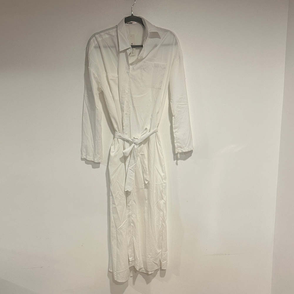 White Long Sleeve Belted Dress
